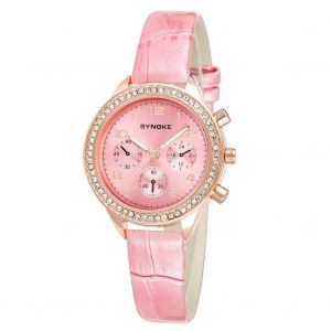 Synoke Montre-Bracelet A Quartz Pour Femme, Etanche, Fine, Avec Strass Et Bracelet En Cuir Pu (Rose) - Neuf