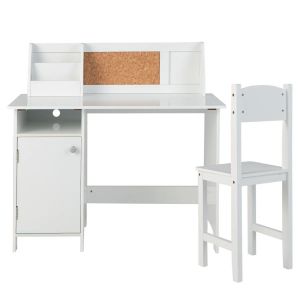 Lot de bureau et chaise enfants 90 x 45 x 86 cm assise ergonomique tableau d'affichage style moderne en MDF blanc Helloshop26 20_0010941 - Neuf