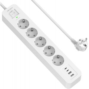 Multiprise USB C,4 Prises avec 4 Ports USB Chargeur de Voyage, Parasurtenseur Multiprise Electrique(3680W 16A) Parafoudre et Surtension avec Interrupteur Cable 2m pour Smartphone Tablette- Blanc - Neuf