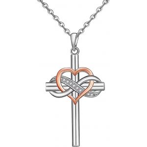 Kal-Croix Infini Pendentif Collier Cristal Coeur Feuille Crucifix Collier Religieux Chrétien Chanceux 8 Bijoux Pour Femmes Filles Ados (Argent B) - Neuf