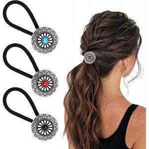 Lot De 3 &Eacute;lastiques &Agrave; Cheveux Pour Femme - Style Occidental - Accessoires De Cheveux Pour Femme - Bracelet Chouchou Boh&egrave;me - Vintage Turquoise - Concho - Fleurs De Citrouille - &Eacute;lastiques - Neuf
