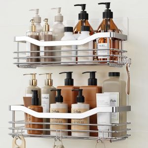 Inoxydable Serviteur de Douche Etag&egrave;re avec 5 Crochets pour Salle de Bain Panier Toilette Cuisine Spice Rack Acier SUS304 sans Per&ccedil;age - 2 Pack - Neuf