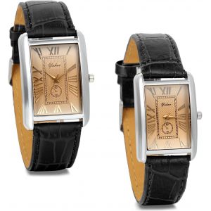 Eryi-2pcs Montre Quartz Rétro Rectangulaire Romain Chiffre Cadran Bracelet Cuir Alliage Homme Femme Couple Amour Noir - Neuf