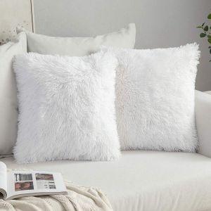 Lot De 2 Housses De Coussin De Canapé En Fourrure De Luxe, Décor De Canapé, Chambre À Coucher, Lit, Taies D'oreiller Décoratives En Peluche Super Douces, 40 X 40 Cm, 16 X 16 Pouces, Blanc - Neuf