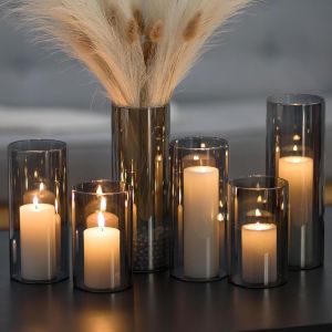 Porte-Bougies En Verre: Lot De 6 Bougeoirs Gris Noirs Pour Bougies Piliers Bougeoirs Cylindriques Vases Pour Décoration Bougeoirs Flottants Pour Tables De Salon Décoration Intérieure - Neuf