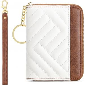 CAUC-Petit portefeuille en cuir pour femme avec blocage RFID, porte-cartes compact &agrave; deux volets avec poche zipp&eacute;e pour pi&egrave;ces de monnaie, Blanc/marron, S, Classique - Neuf