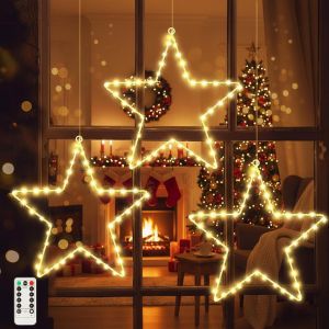 Jgd-Led &Eacute;toiles No&euml;l Rideau Lumineux, 3 Pcs 45 Leds Guirlande Lumineuse &Eacute;toil&eacute;e, 8 Modes, Guirlande Lumineuse Fonctionnement &Agrave; Piles, Avec T&eacute;l&eacute;commande, Pour F&ecirc;tes Festivals (Chaude) - Neuf