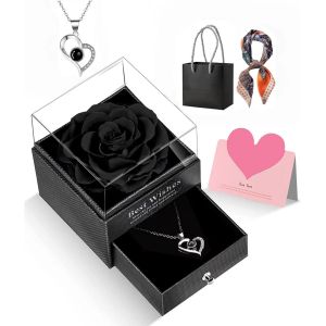 Rose Eternelle Pr&eacute;serv&eacute;e Vraie Fleur F&ecirc;te des M&egrave;res Idee Cadeau Original avec Bijoux pour Maman Femmes &Eacute;pouse Coffret Cadeau avec Collier Saint Valentin Anniversaire No&euml;l(Classique Noir) - Neuf