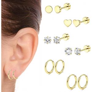 Kal-6 Paires Boucles D'oreilles Femmes, Boucles D'oreilles, Piercing Oreille Cartilage, Boucles D'oreilles Femme Or, Piercing Multiple, Pour Bijoux Acier Inoxydable Femme, Hypoallergénique - Neuf