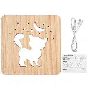HJLIAN Lampe de table 3D en bois a LED, motif chaton mignon, 3 W, ideale comme cadeau, USB, lumiere blanche chaude - Neuf