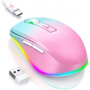 Souris sans fil LED rechargeable sans fil avec souris Jiggler, silencieuse 2,4 G USB pour ordinateur portable, ordinateur sans fil DPI 2000 éclairée pour PC, Windows, Mac OS (bleu-vert et rose) - Neuf
