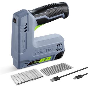 Agrafeuse sans Fil 3,6V 2000 mAh avec 2000 Agrafes WORKPRO, Agrafeuse Multifonction 2 en 1 Compatible avec Clous et Agrafes Type 53, 8 pour les Projets de Bricolage en Ameublement, Menuiserie(Gris) - Neuf