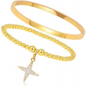 Eryi-Bracelet Acier Inoxydable Femme Argent/Or/Or Rose Fin Avec Strass 4mm En Perles D'or Jeu De Bracelets - Neuf