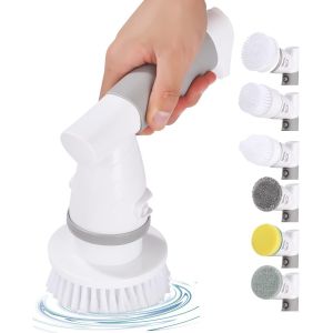Brosse de nettoyage électrique portable, rechargeable, avec 6 têtes de brosse remplaçables, pour salle de bain, cuisine, voiture et carrelage - Neuf