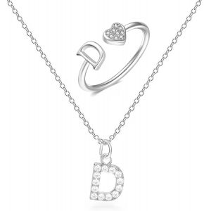 Kal-Collier Initiale Lettre A-Z Collier Avec Lettre En Zircons D'argent Pendentif Bague Ouverte Lettre Initiale Bague Argent Femme Initiaux De Coeur Pour Femme Fille - Neuf