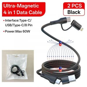 C&acirc;ble De Charge Multi-Faixes Magn&eacute;tique 4 En 1,60W,Usb C Vers Type C,8 Broches,C&acirc;ble De Donn&eacute;es 2M Pour Iphone 16,Ipad,Xiaomi 15 14,Samsung,Huawei.2Pcs Black.1,5M - Neuf