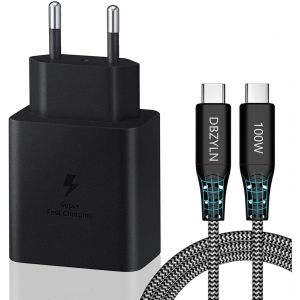 LORANKA-Chargeur 45W Charge Rapide pour Samsung S25, S25 Ultra, S24, S24 Ultra, S23 Ultra, Tab S8, S9, S10, Z Fold5, Flip5, Fold6, Flip6, A54, USB C Bloc Prise Adaptateur Secteur avec 5A C&acirc;ble (Noir) - Neuf