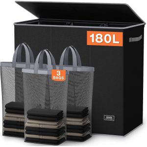 MEVRONISSHOP-Panier a Linge avec Couvercle, Panier &agrave; Linge 3 Compartiment, 180L Corbeille a Linge, Paniere a Linge Sale pour R&eacute;cup&eacute;rer le Linge et Faire le Tri, Bac a Linge pour Buanderie, Gris - Neuf
