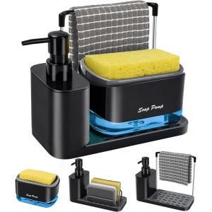 ERYI-Distributeur Liquide Vaisselle Noir, 4 En 1, Distributeur Savon Cuisine, Porte-Éponge De Qualité Supérieure - Neuf