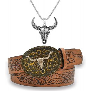Trahoo-Lot De 2 Ceintures De Cowboy Pour Homme, Avec Une Chaîne Tête De Taureau Pour Homme, Cowboy, Femme, Taureau, Gravure Florale, Pour Jeans, Cadeaux, Multicolore., Lange - Neuf