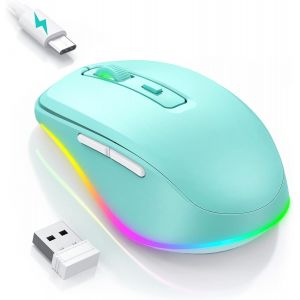 Souris LED sans fil rechargeable avec Jiggler, silencieuse 2,4 G USB, pour ordinateur portable, ordinateur ¿ DPI 2000 éclairé pour PC, Windows, Mac OS (rose) - Neuf