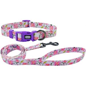 Ensemble Collier Et Laisse Pour Chien - Motif Lys Mignon - En Polyester - Laisse Assortie De 150 Cm - Pour Petits Chiens (S, Lys Violet) - Neuf