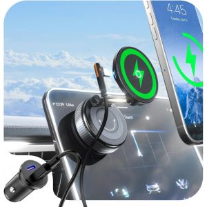 15W Support Telephone Voiture Induction Compatible avec Le Chargeur Magsafe Voiture, Ventouse Am&eacute;lior&eacute;e Support T&eacute;l&eacute;phone Voiture sans Fil Magn&eacute;tique pour iPhone 16/15/14 s&eacute;ries, avec QC 3.0 - Neuf