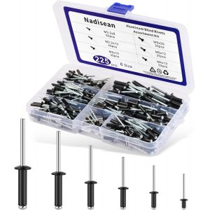 225 Pièces Rivets Aveugles en Aluminium,6 Tailles Rivets Pop en Aluminium à Tête Large,Rivet noir M3.2/M4/M5,Assortiment Rivets Aveugle pour Métal,Bois,Bateaux,avec Boîte - Neuf