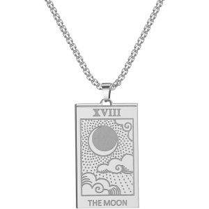Kal-Collier En Acier Inoxydable - Motif Cartes De Tarot - Lune - &Eacute;toile - Soleil - Pendentif Astrologie - Divination Magique - Amulette - Pour Homme Et Femme (Silver-The Moon), Acier Inoxydable - Neuf
