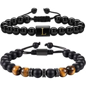 Eryi-Bracelets En Perles Pour Hommes, 2 Pcs Bracelets De Perles En Pierre Naturelle, Réglable Oeil De Tigre Pierre Bracelets, Bracelets De Perles Initiales Pour Homme, Cadeau Homme Bracelet De Perles - Neuf