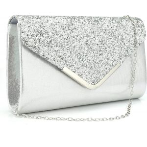 KALANKA-Pochette Enveloppe Soir&eacute;e Sac &agrave; Main Mariage En Paillettes Brillan Bandouliere Chic Et Elegant Clutch Argent&eacute; Avec Cha&icirc;ne pour Femme - Neuf