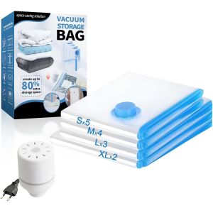 lbgwp60-Sacs À Linge Sous Vide Avec Pompe Électrique Sacs À Linge Sous Vide 14 Sacs De Vêtements De Voyage Vides (2 Extra Grands, 3 Grands, 4 Moyens, 5 Petits) Pour Ranger Vêtements, Oreillers - Neuf