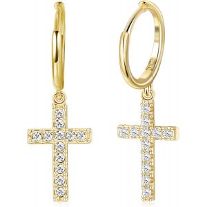 925 Boucles D'oreilles Créoles En Argent Sterling Pavé Cz Or Minimaliste Balancent Zircon Cubique Croix Boucles D'oreilles Pendantes Pour Femmes Hommes.[X3359] - Neuf