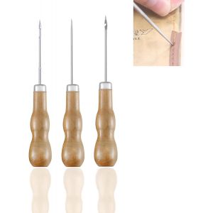 ChenQuanSarl-Lot De 3 Perforateurs Avec Manche En Bois, Poinçons Avec Manche En Bois, Artisanat Du Cuir, Trou De Poinçon De Couture, Outil De Couture, Poinçon Incurvé, Perforateur Avec Manche En Bois - Neuf