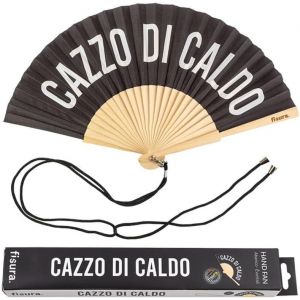 Éventail avec Message en Italien c*zzo di Caldo. Éventail Moderne et Amusant en Bois. Éventail Pliant Noir et Blanc. Mesures : 42,5 x 23 cm. Bois et Textile. - Neuf