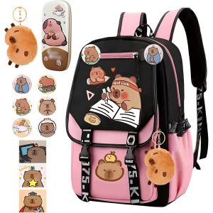 Checarzhn--No1-Capybara Cartable Fille Primaire, Sac A Dos Enfant Fille Garcons Avec Trousse Porte-Clés En Peluche Badges Cadeau D'anniversaire Rentrée Scolaire 6 À 10 Ans - Neuf