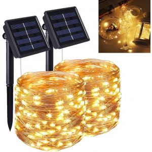 Lot de 2 Guirlande lumineuse solaire Extérieur 20 m 200 LED 8 modes Étanche Câble en cuivre Guirlande lumineuse décorative pour jardin, terrasse, cour, mariage, fête - Neuf