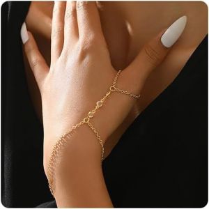 Eryi-Chaîne De Main Dorée - Bracelet De Main Tout En Un - Bijou Bohème Avec Anneau De Doigt - Bijou De Main Pour Femme - Neuf