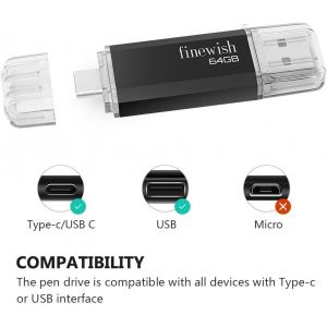 CL&eacute; USB 64 Go, 2 en 1 Type C Pen Drive 64 GB Portable Clef USB 64go USB C 2.0 Stick 64gb pour Huawei Xiaomi Oneplus OTG Android Appareils T&eacute;L&eacute;vision (Noir) - Neuf