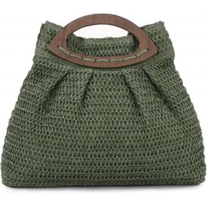 Sac &agrave; main en Paille pour Femmes-Sac Fourre-tout de Plage d&iquest;&eacute;t&eacute; Tiss&eacute; Sac &agrave; main en Paille de Voyage avec Poign&eacute;e en bois pour les Vacances de F&ecirc;te - Neuf