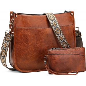 Sac à Bandoulière Femme Sac porté épaule avec Bandoulière Amovible Sac à main en Cuir PUFourre-Tout Portefeuille Set (Brun) - Neuf
