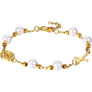 Kalsw-Bracelet Femme Coix Et Médaille De Saint Benoît,Bracelet Acier Inoxydable Femme Avec Perles,Bracelets Chrétiens Et Catholiques,Amulette,Cadeau Pour Femme - Neuf