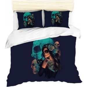 Parure De Lit Tendance Motif T&ecirc;te De Mort, Jaune, Violet Et Bleu, 3 Pieces (1 Housse De Couette + 2 Taies D'oreiller 50 X 75 Cm) - Neuf