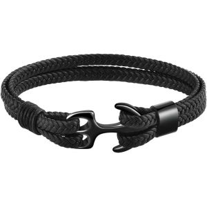 Bracelet Pour Homme En Ceinture De Cuir, Manchette Multicouche Vintage D'ancrage, Cordage Pour Les Hommes, Noir Avec Ancre D'argent - Neuf