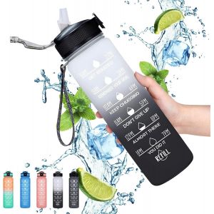 Gaiayhc Bouteille D'eau De Sport De 1 L,Avec Marqueur De Temps Et Paille, Design Anti-Fuite Pour Sport, Randonn&eacute;e, Gym, Fitness, Ext&eacute;rieur, Cyclisme, &Eacute;cole Et Bureau, D&eacute;grad&eacute; Violet Bleu (Blanc Noir) - Neuf