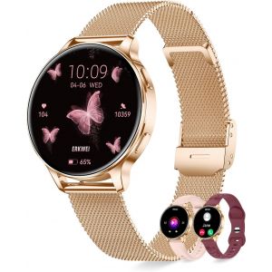 Montre Connect&eacute;e Femme Ronde avec Appel Bluetooth 3 Bracelets AMOLED 41mm Petite Montre Podometre Smartwatch avec Fr&eacute;quence Cardiaque Sommeil Calculateur 110+ Sport pour Andriod iOS, Or Rose - Neuf
