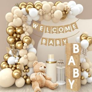 Mevronisshop-Baby Shower Decoration Fille Garcon - 97pcs Arche Ballon Blanc Et Or Avec Cube Baby Shower, ""Welcome Baby "" Banni&egrave;re,Ballon Baby Shower Pour Decorations Bapteme Gender Reveal Party Decor - Neuf