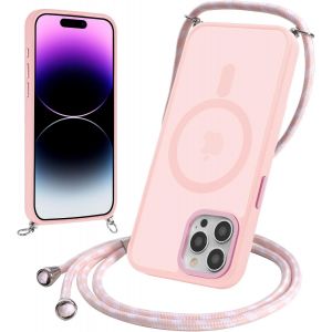 Kal-Magnétique Coque Pour Iphone 15 Pro Max 6,7"" Avec Cordon, Compatible Avec Magsafe, Étui Mat Translucide Rigide Pc + Tpu Bumper Antichoc Protection Housse Avec Réglable Collier Laniere Case,Rose - Neuf