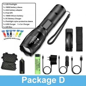 HUTP-Lampe de poche LED haute puissance,torche de Camping Zoomable avec perles de lampe LED T6,étanche,5 Modes avec batterie Rechargeable 18650-Package D-Black - Neuf