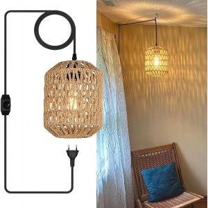 Subzonal-Suspension Luminaire Vintage Avec Prise, E27 Lampe Suspension R&eacute;tro Avec Interrupteur Dimmable, Abat-Jour Diy Corde De Chanvre, &Oslash;18cm Int&eacute;rieur/Ext&eacute;rieur Suspension Avec C&acirc;ble 4.5m (Sans Amp - Neuf
